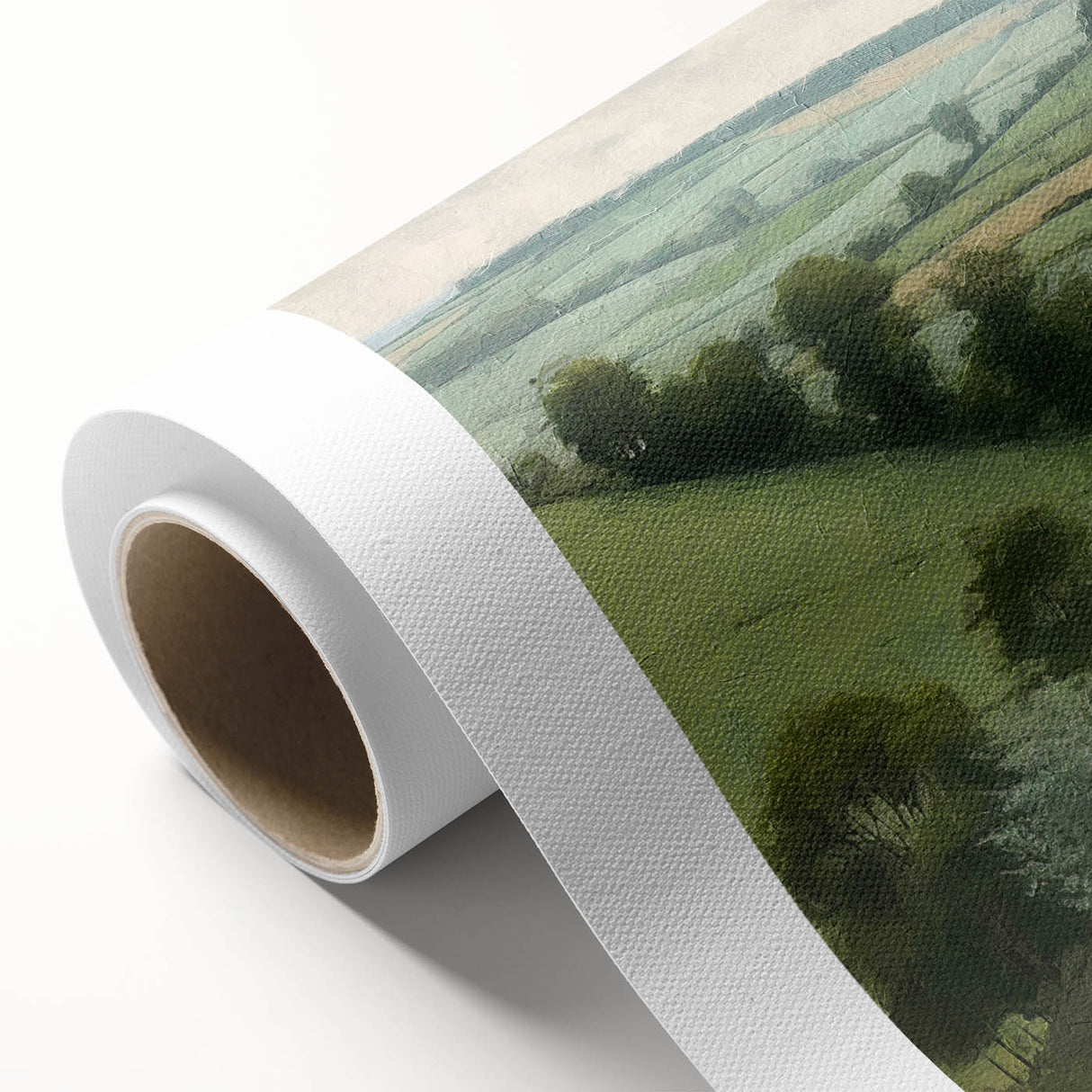 Landscape countryside wall art on rolled canvas, showcasing vibrant green fields and a serene blue sky, perfect for home decor and artistic ambiance.