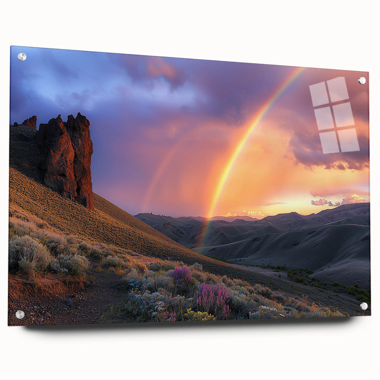 Acrylic landscape artwork depicting a vibrant desert scene, showcasing warm hues of orange and yellow with intricate details, mounted in a sleek glass frame and accented with decorative pins.