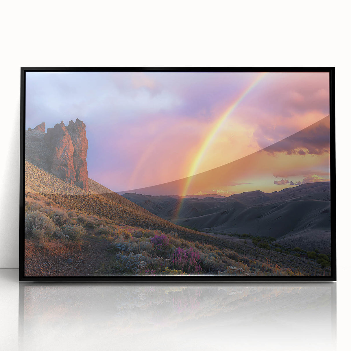 Framed acrylic artwork depicting a vibrant desert landscape with warm tones of orange and yellow, showcased in a sleek black frame, ideal for modern home decor.