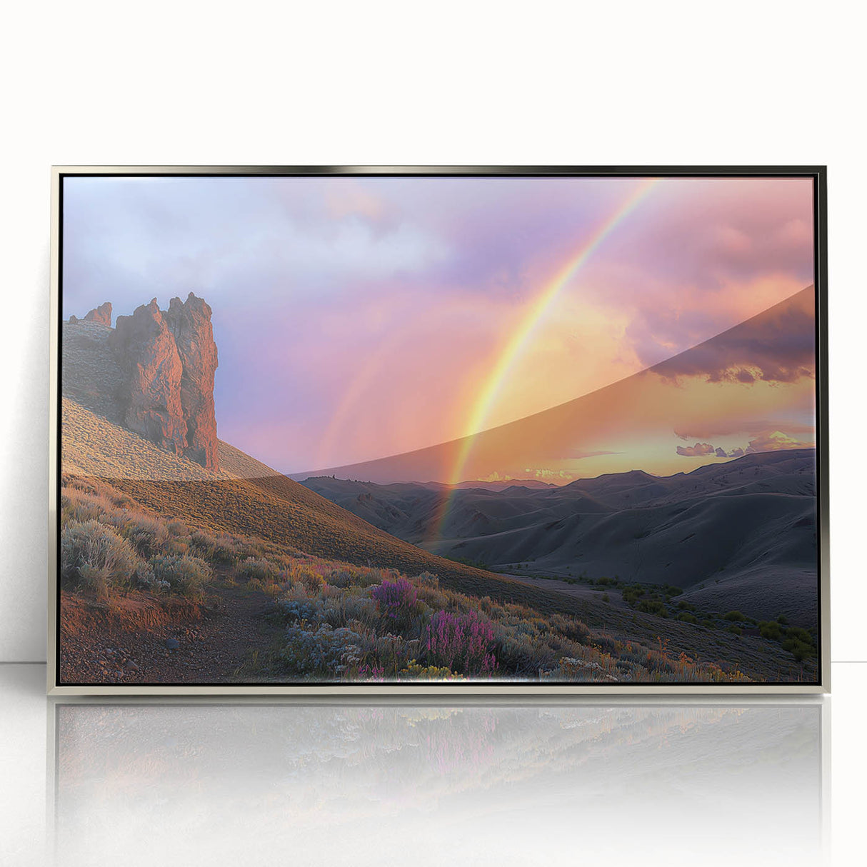 Framed acrylic artwork depicting a vibrant desert landscape with warm tones of orange and yellow, showcasing intricate details of dunes and a clear blue sky. This piece adds an elegant touch to any modern home decor.