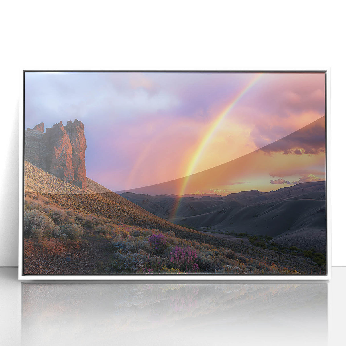 Framed acrylic artwork depicting a vibrant desert landscape with warm hues of orange and yellow, set in a sleek white frame, ideal for modern decor.
