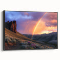 Framed canvas artwork depicting a vibrant desert landscape with warm hues of orange and sandy beige, featuring a sleek black frame for modern decor. Perfect for home or office decoration, this piece adds a touch of nature-inspired elegance.