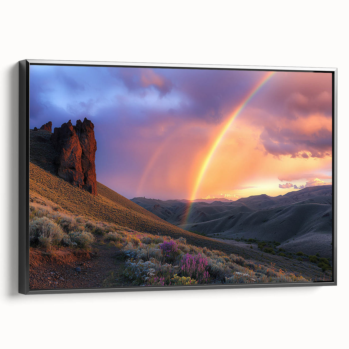 Framed canvas artwork depicting a vibrant desert landscape with warm hues of orange and sandy beige, featuring a sleek black frame for modern decor. Perfect for home or office decoration, this piece adds a touch of nature-inspired elegance.