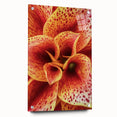Close-up floral design in vibrant colors on acrylic glass, ideal for dining room or bedroom wall art.