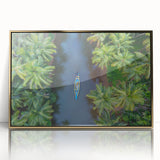 Large art print of a mid-century modernist Indian scenery in gold tones on framed acrylic.