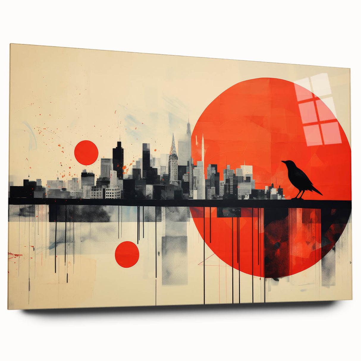 Large abstract wall art of London skyline in muted gray tones on acrylic glass, ideal for bedroom or dining room decor.