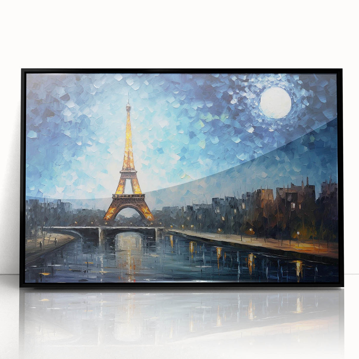 Large abstract wall art depicting a Parisian scene in muted black and white tones on a framed acrylic.