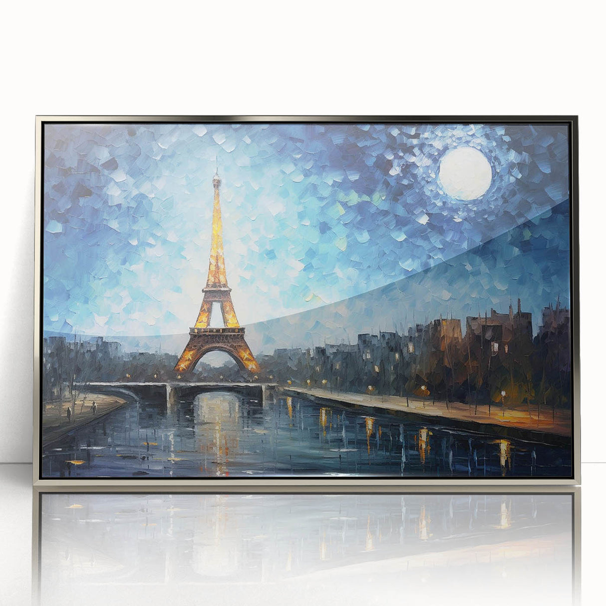 Large art print of Paris scenery in muted gray tones, acrylic with silver frame.