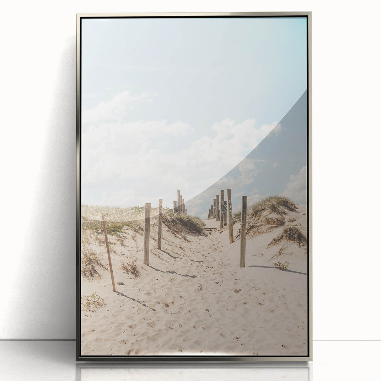 Mid-century modernist art deco poster depicting a summer theme in bold colors on framed acrylic.