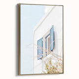 Framed canvas depicting a serene landscape with muted greens and blues, ideal for bedroom wall art.