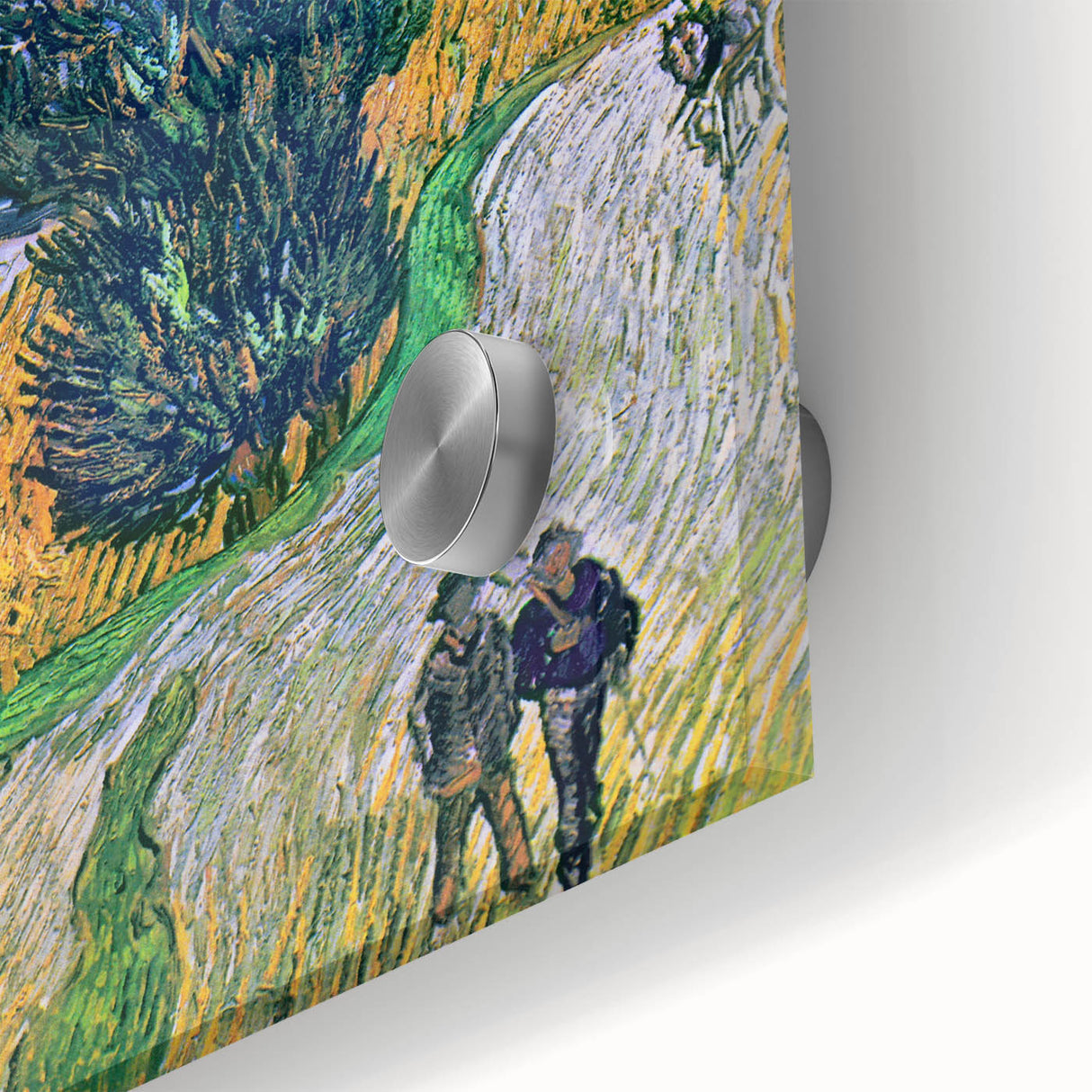 Large abstract wall art print on acrylic glass, featuring swirling blue and yellow tones, ideal for dining room decor.