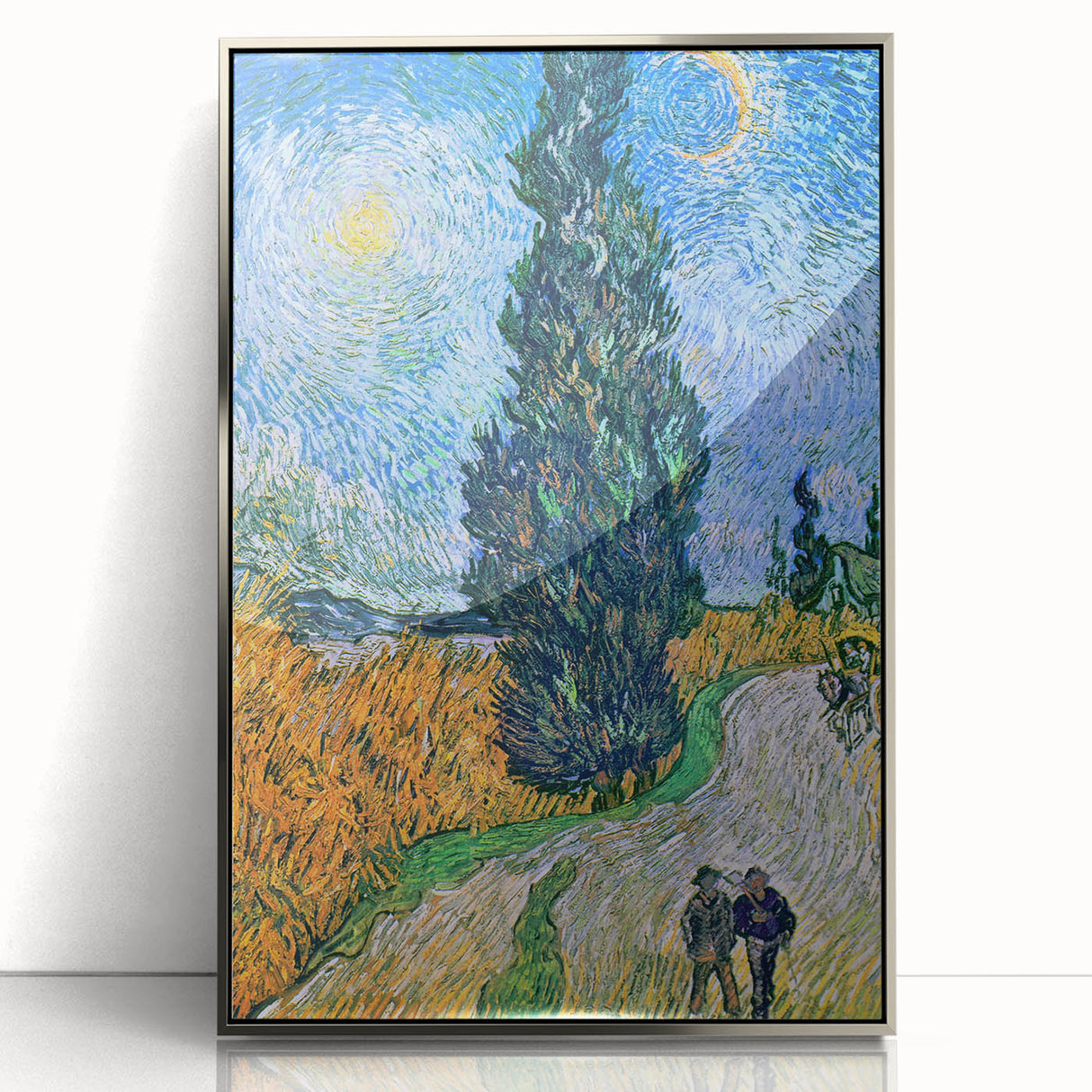 Large art print of Van Gogh's Starry Night in a silver frame, ideal for modern nursery wall art.