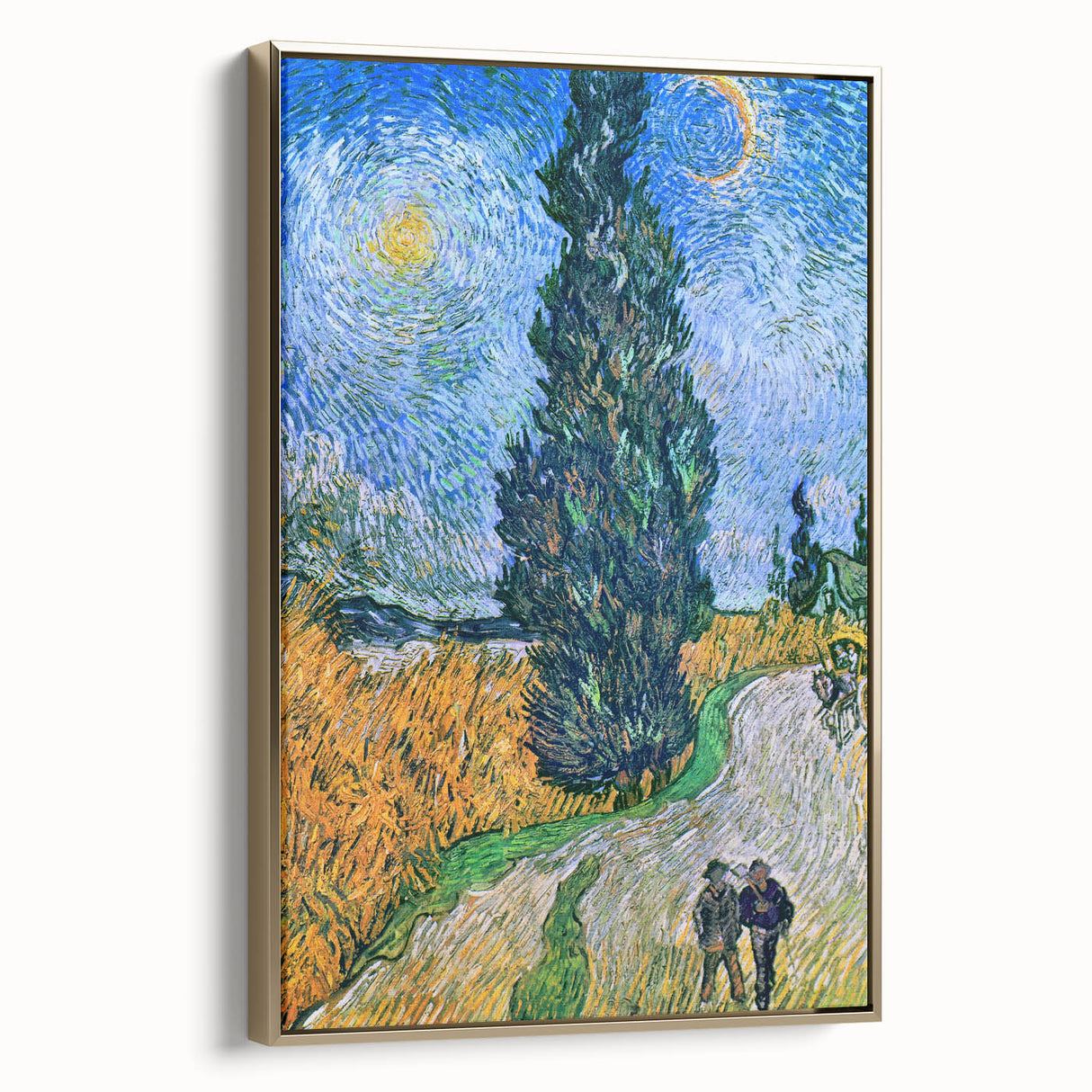 Vintage poster art of a landscape painting on a framed canvas, featuring black and gold tones, ideal for bedroom wall decor.