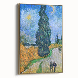 Vintage poster art of a landscape painting on a framed canvas, featuring black and gold tones, ideal for bedroom wall decor.
