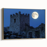 Framed canvas print showcasing a majestic landscape with a castle, elegantly bordered in gold, highlighting intricate details and rich colors, perfect for enhancing home decor.