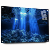 Acrylic glass artwork depicting a stunning landscape scene with intricate cave details, showcased in a side view with stylish pins, ideal for modern decor.