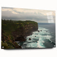 Acrylic landscape artwork showcasing dramatic cliffs in vibrant colors, displayed in a sleek glass frame with pins, perfect for modern home decor accents.