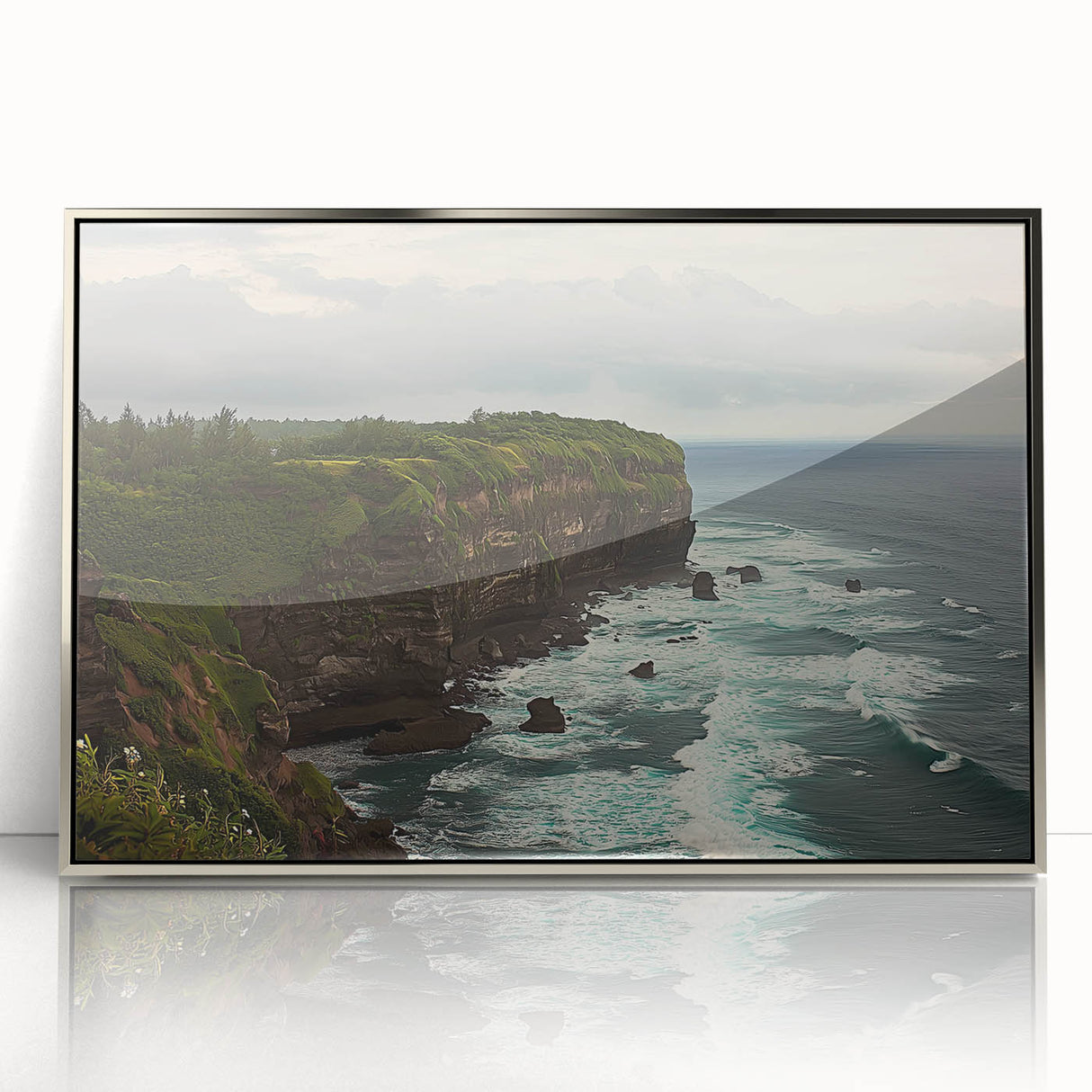 Framed acrylic artwork depicting dramatic cliffs and landscapes in silver tones, showcasing intricate details and modern design perfect for home decor.