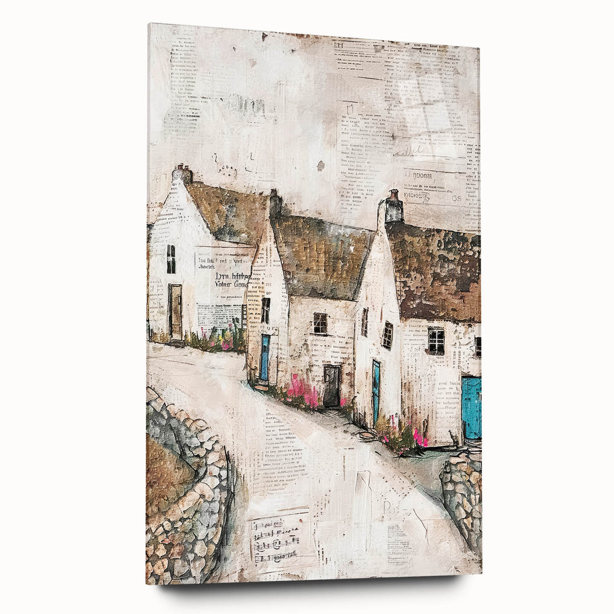 Abstract architectural wall art design printed on acrylic glass, showcasing a modern and sleek side view. The artwork features dynamic shapes and vibrant colors, perfect for contemporary home decor.