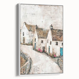 Abstract framed canvas wall art depicting modern architecture with geometric shapes in a white frame, adding a contemporary touch to any room decor.