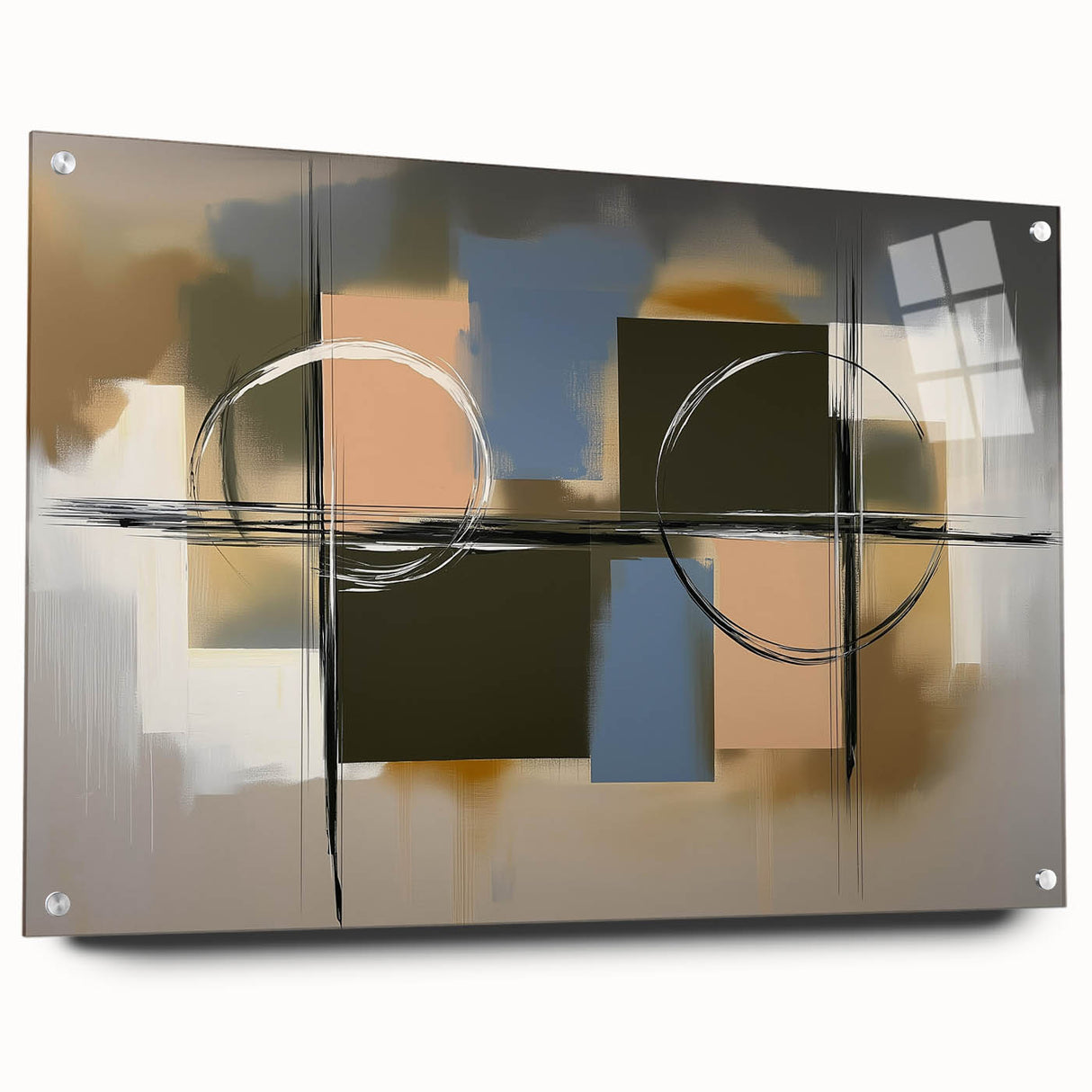 Abstract geometric acrylic glass artwork showcasing vibrant colors and unique shapes, designed for modern decor, viewed from the side with pins.