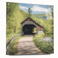 Acrylic print of a covered bridge in muted earth tones, suitable for dining room decor.