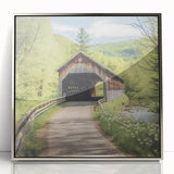Mid-century modernist acrylic print of a covered bridge in muted earth tones, ideal for nursery wall decor.