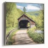 Framed canvas showing a vintage style landscape art painting of a covered bridge, rendered in black with colorful accents.