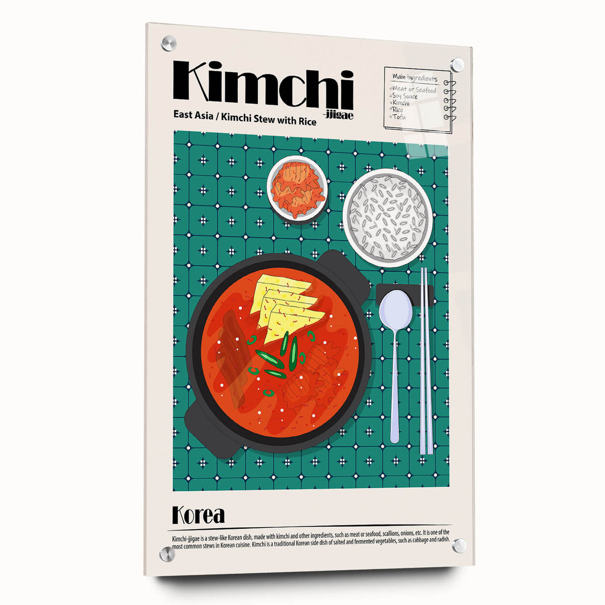 Acrylic print of various international dishes in vibrant colors, ideal for dining room decor.