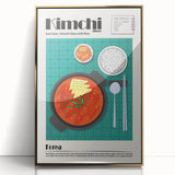 Mid-century modernist acrylic print of assorted food dishes in gold frame, suitable for modern kitchen decor.