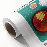 Art deco poster featuring an array of colorful food dishes on rolled canvas.