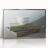 Large art print of colorful fruits and vegetables on a silver acrylic frame, in a mid-century modernist style.