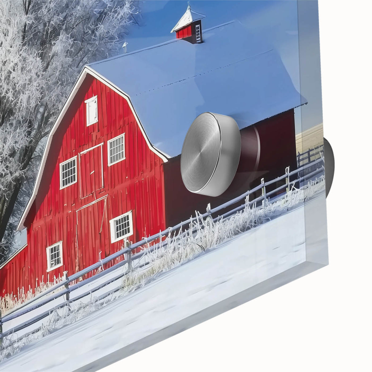 Close-up of a landscape barn acrylic glass artwork showcasing vibrant colors and intricate details, ideal for rustic home decor or art enthusiasts.