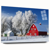 Side view of a landscape barn acrylic glass art piece, showcasing vibrant colors and intricate details, designed for home decor without visible pins. Perfect for enhancing rustic interiors.