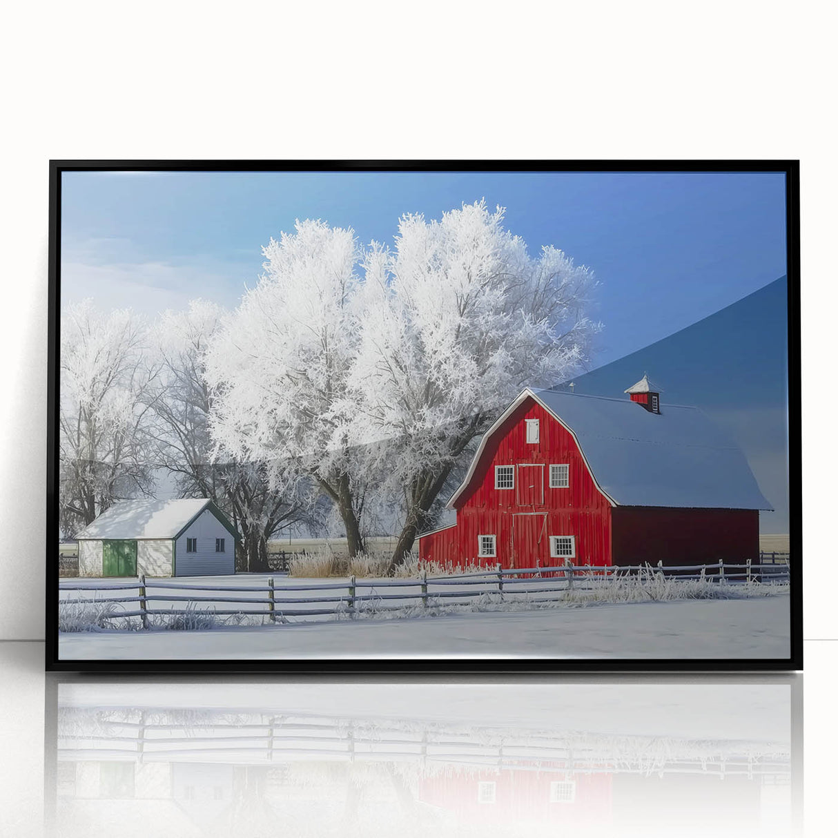 Framed acrylic artwork showcasing a scenic landscape with a barn, highlighted by vibrant colors and a sleek black frame, perfect for home decor.