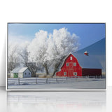 Landscape barn-style framed acrylic artwork featuring a white frame and vibrant colors, ideal for rustic home decor. Perfect for enhancing living spaces with a modern touch.