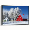 Landscape barn-framed canvas print showcasing a rustic design with a black frame, ideal for home decor. The image highlights the textured surface and elegant side view, making it perfect for enhancing living spaces.