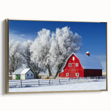 Landscape canvas art featuring a barn scene framed in gold, showcasing intricate details and rich colors, ideal for rustic home decor or gallery display.