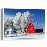 Landscape barn-framed canvas artwork showcasing a rustic scene with a white frame, ideal for home decor. The image highlights the frame's details and craftsmanship.