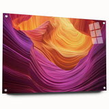 Landscape acrylic glass artwork depicting vibrant canyons with rich colors, showcased from a side view and secured with decorative pins, perfect for modern decor.