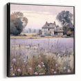 Framed landscape wall art depicting a serene countryside scene, featuring vibrant green fields and a clear blue sky, showcased in a sleek black frame.