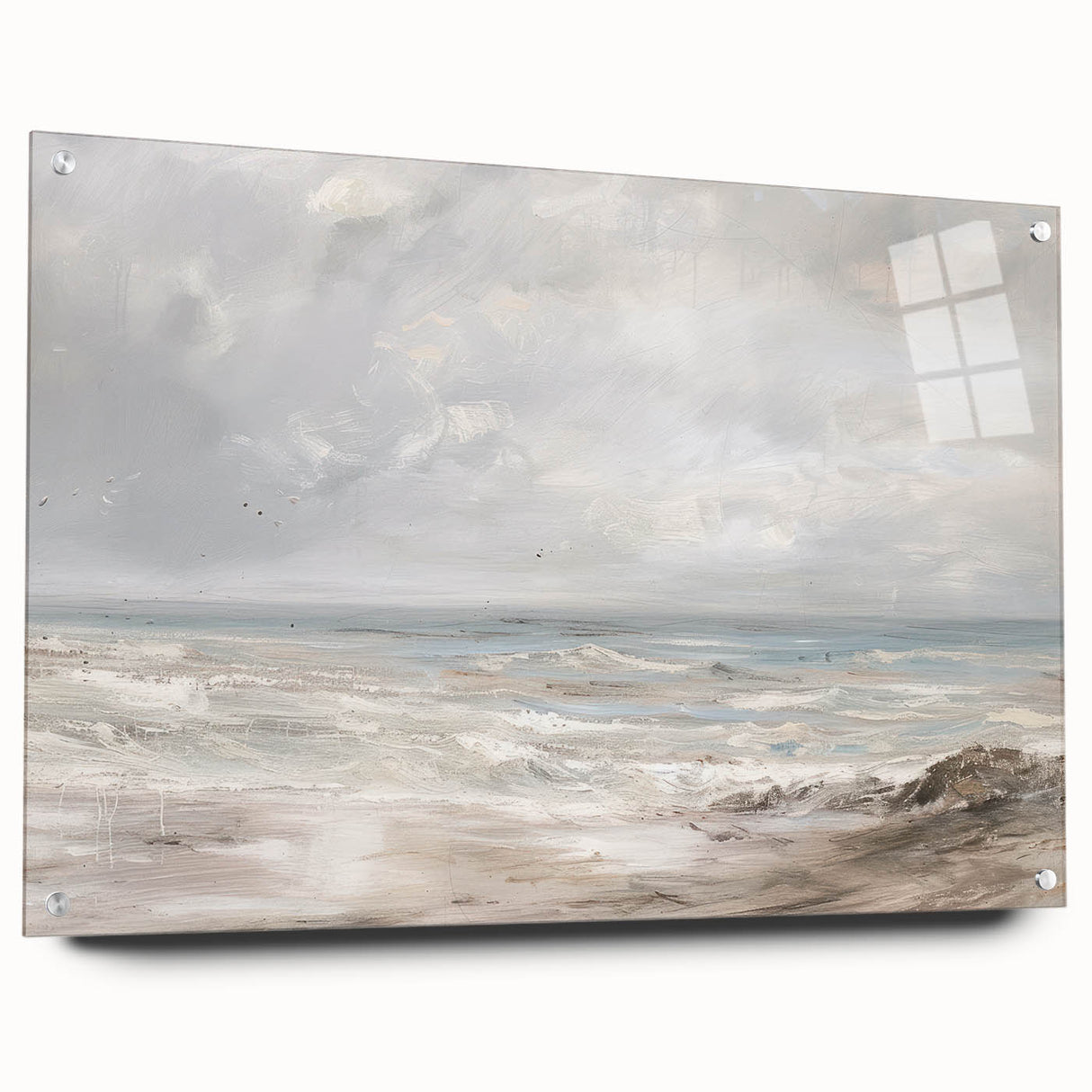 Acrylic glass landscape design in side view, showcasing vibrant colors and intricate details, secured with decorative pins for an elegant display. Ideal for modern home decor.