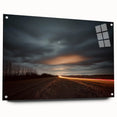 Acrylic landscape artwork depicting a serene countryside scene with vibrant green fields and a bright blue sky, displayed in a glass frame from a side view, showcasing its elegant design and modern aesthetic.