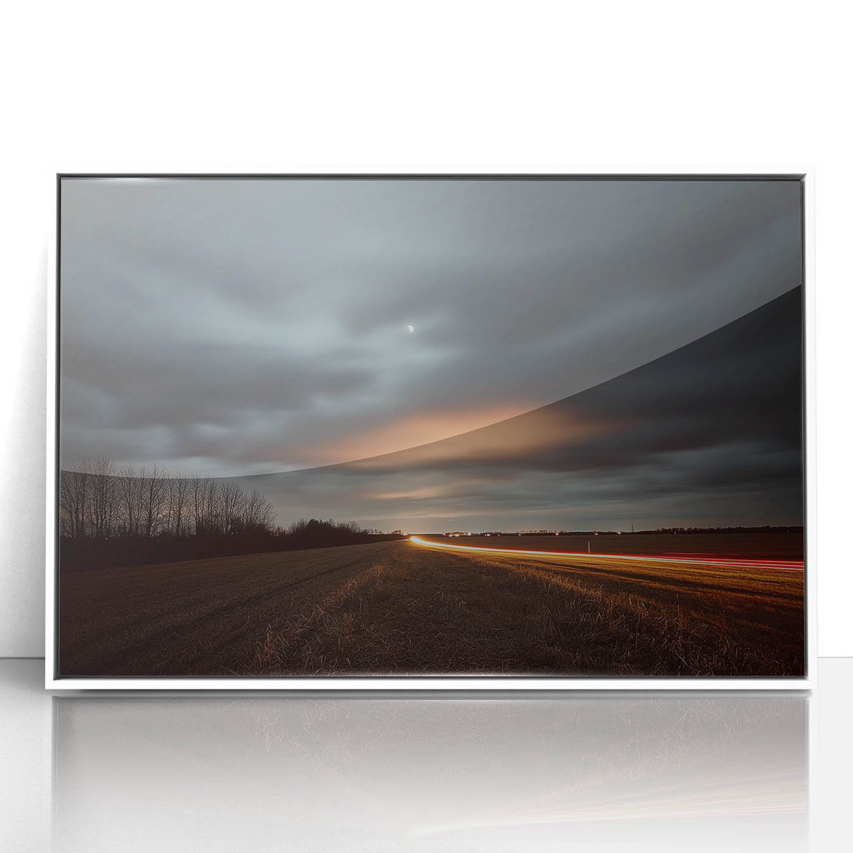 Framed acrylic artwork showcasing a serene countryside landscape with lush greenery and rolling hills, presented in a sleek white frame, perfect for home decor.