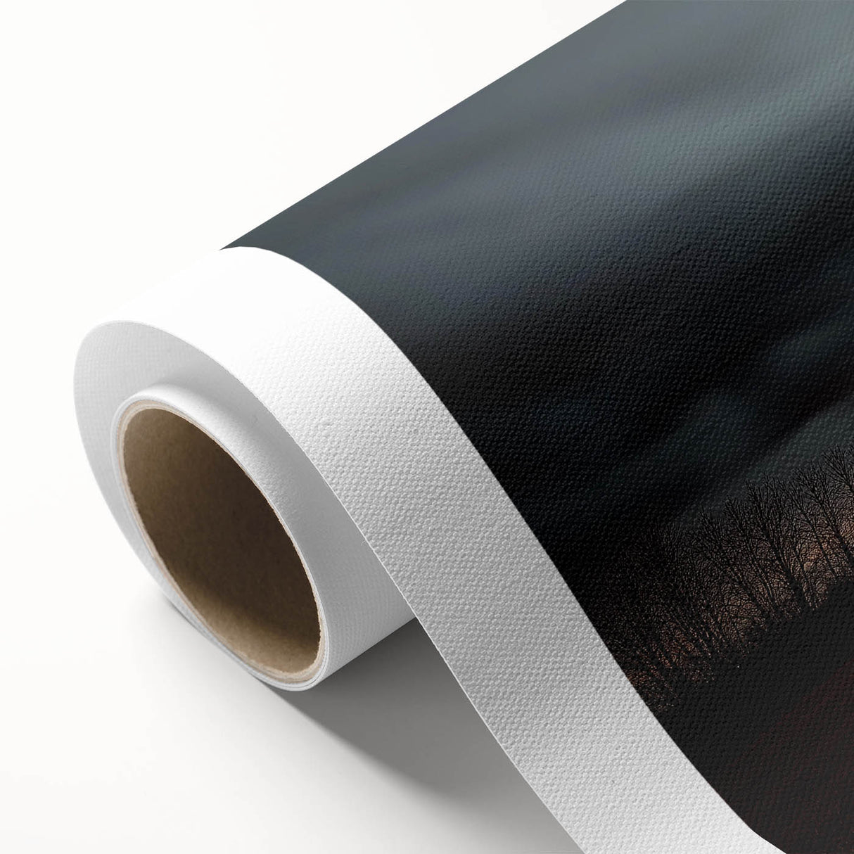Vibrant rolled canvas artwork depicting a serene countryside landscape with lush green fields and a clear blue sky, elegantly packaged for safe delivery.