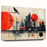 Acrylic print of a London cityscape, featuring muted blues and grays, ideal for dining room decor.