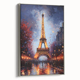 Framed canvas featuring a vintage Paris landscape in colorful art style, ideal for living room decor.