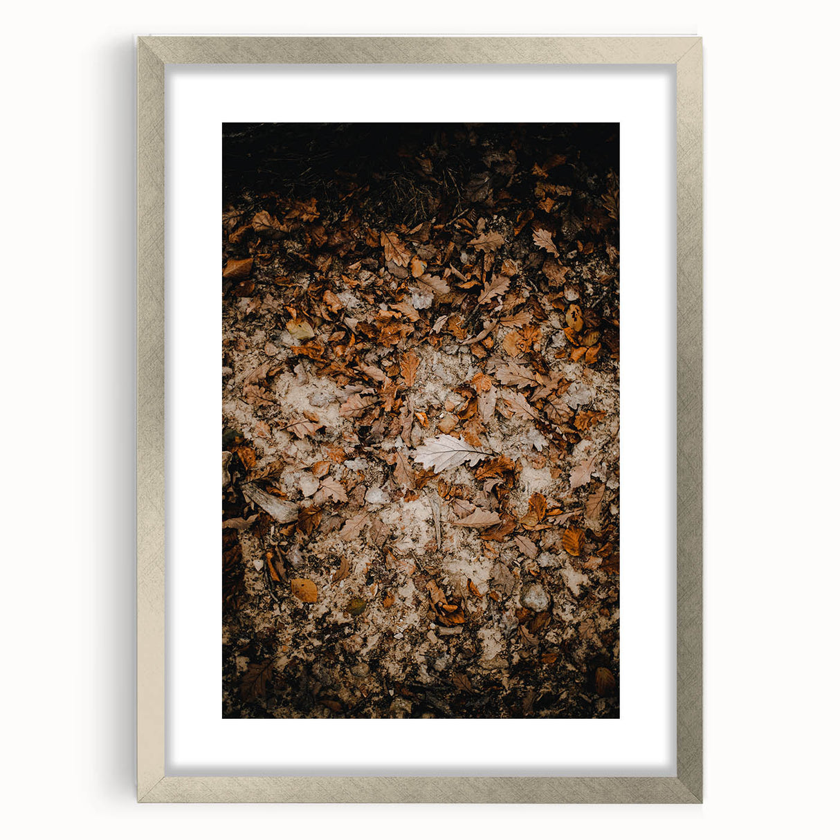 Abstract art print featuring textured swirls in autumnal colors on a large canvas, framed in silver.