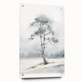 Large abstract wall art on acrylic glass depicting winter scene in muted blue and white tones.