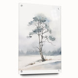 Large abstract wall art on acrylic glass depicting winter scene in muted blue and white tones.